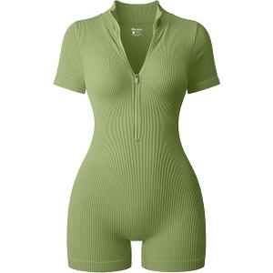 OQQ Women Rompers Ribbed Short Sleeve Zip Front Stretch Tummy Control Yoga Workout Rompers (Large)