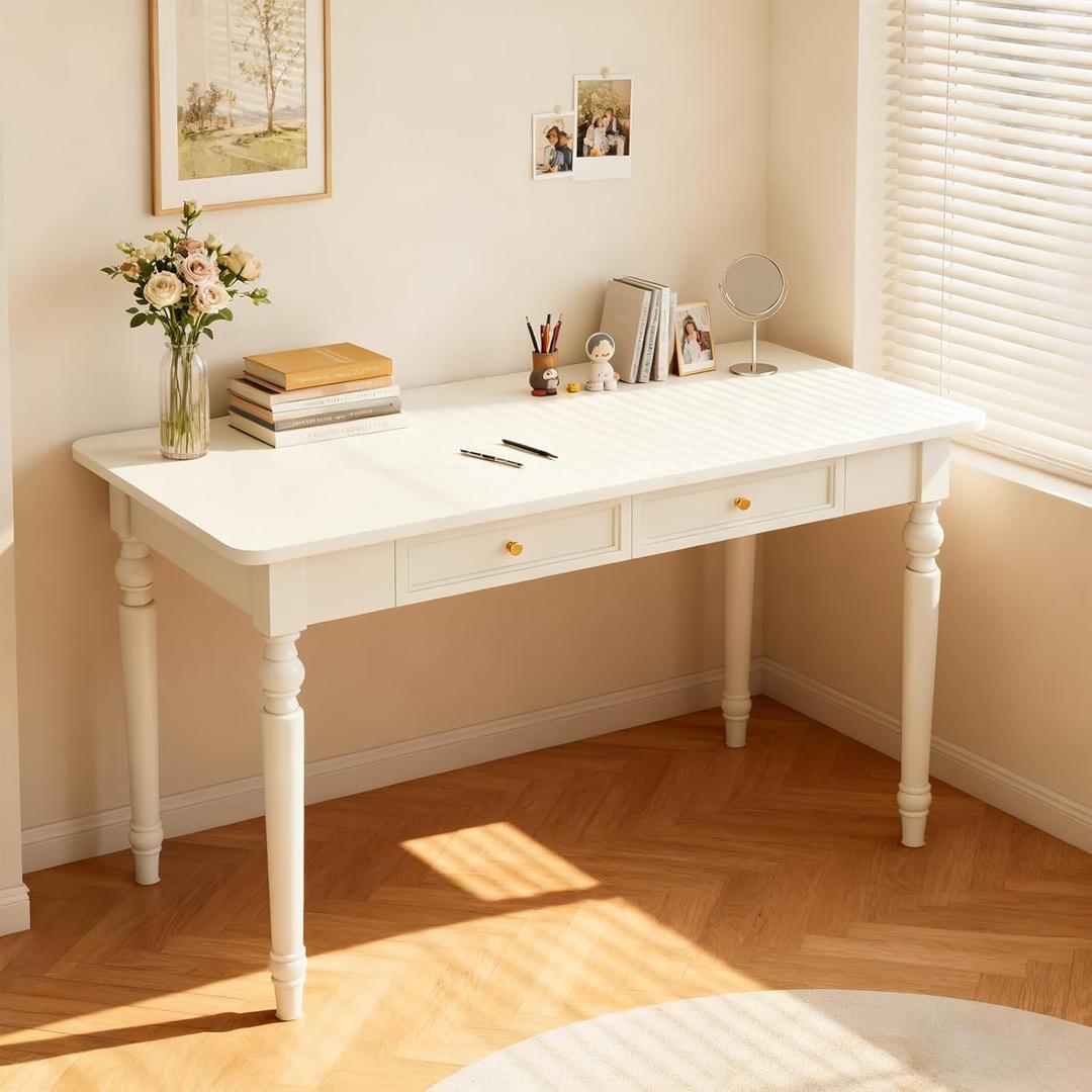 48in Rubber Wood Desk with Two Drawers, French Home Office Writing Tables with Storage, Multi-Functional Wood Vanity, Study Desk for Bedroom, Living-Room, White, 47.24" x 23.62" x 29.5"