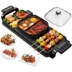 2 in 1 Electric Hot Pot with Grill, 2800W Indoor Smokeless Korean BBQ Grill Shabu Shabu Pot, Removable Non-stick Hotpot Pot Combo KBBQ with Divider & Separate Dual Temperature Control for 2-12 People