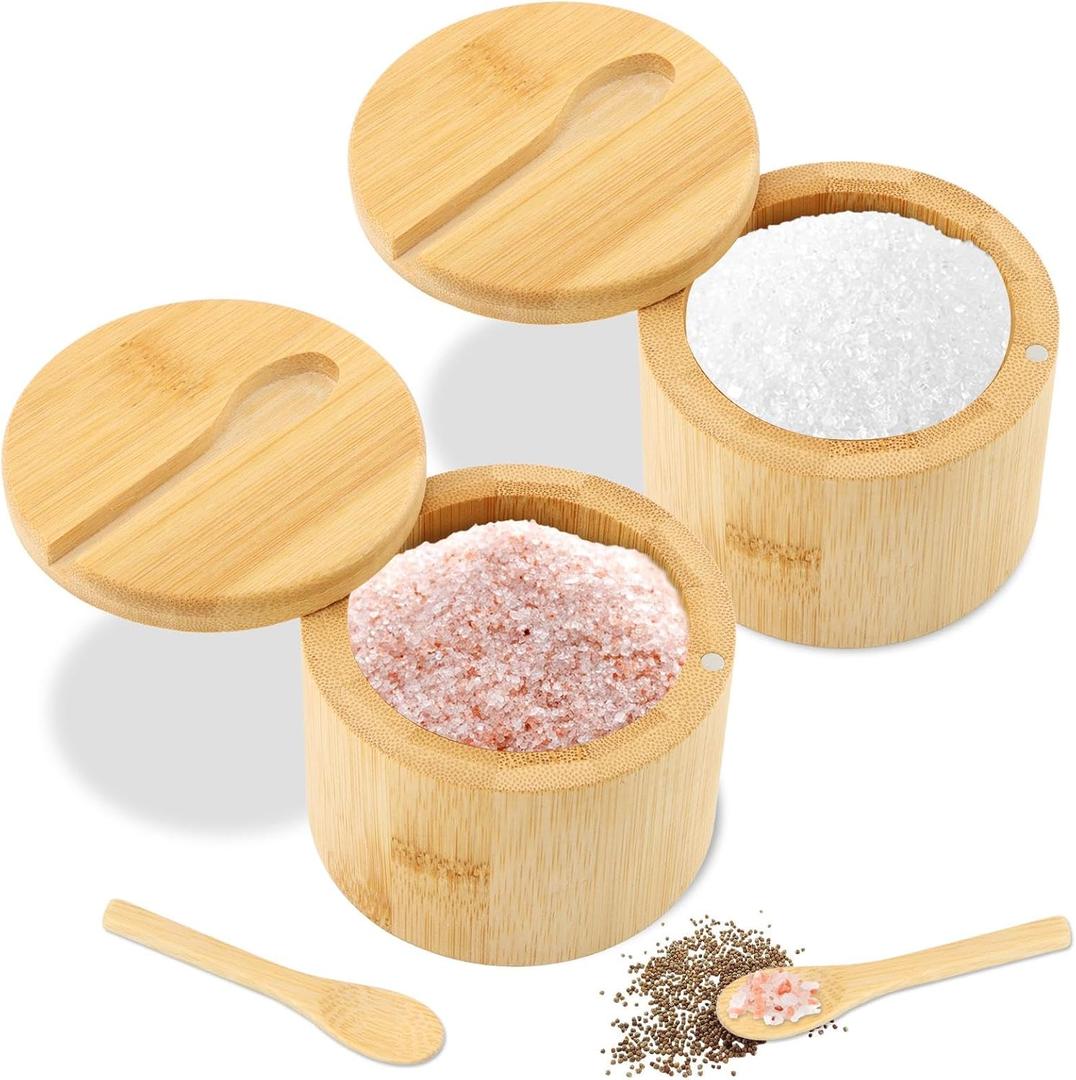 2Pcs Bamboo Salt Cellar with Magnetic Swivel Lid & Spoon, 6 oz Spice Bowl Bamboo Storage Box Salt Container to Store Pepper, Table Salt, Gourmet Salts, Spice, Sugar(SIZE:6 oz)
