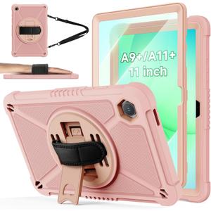 ZtotopCases for Samsung Galaxy Tab A11+ Plus/A9+ 11-Inch 2025/2023, Shockproof Hard Duty Case with Screen Protector+360 Rotating Hand Strap&Stand+Shoulder Strap for Tab A11+/A9 Plus Tablet, Pink