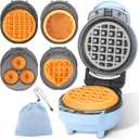 Baker's Friend 4 in 1 Mini Waffle Maker with Removable Plates, Set Includes Mini Pancake, Donut, Heart Shape Waffle Makers, Compact Size, Recipe Included, Blue