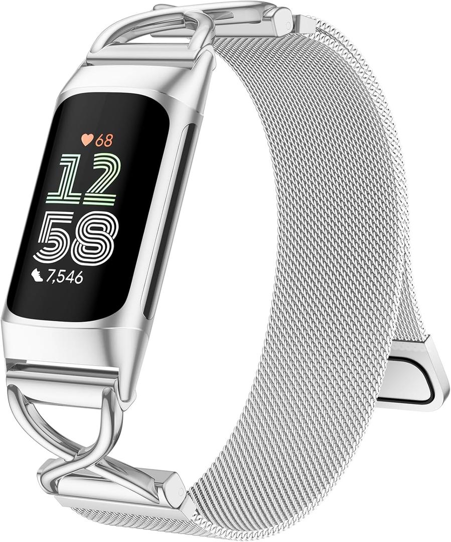 JKD X-Shape Metal Band Compatible with Fitbit Charge 6/ Charge 5 Bands for Women Men, Soft Stainless Steel Mesh Loop Strap Bracelet Wrist Band Replacement for Fitbit Charge 5/ Charge 6 Fitness Tracker (1-Silver)