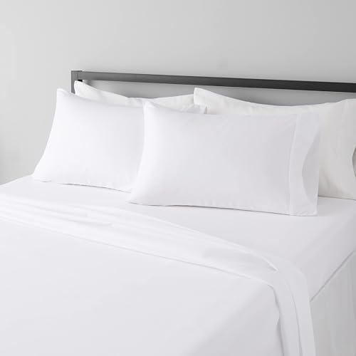 Amazon Basics 4 Piece Coton Lightweight Wrinkle-free Breathable Bed Sheet Set, Super Soft Easy Care, Bright White, Solid (Pillowcases 18x36, Sheets 102x260)