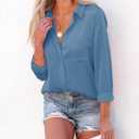 Aoudery Button Down Shirts for Women Long Sleeve Collared Blouses V Neck Work Business Office Tunic Chiffon Tops (Blue, XS)