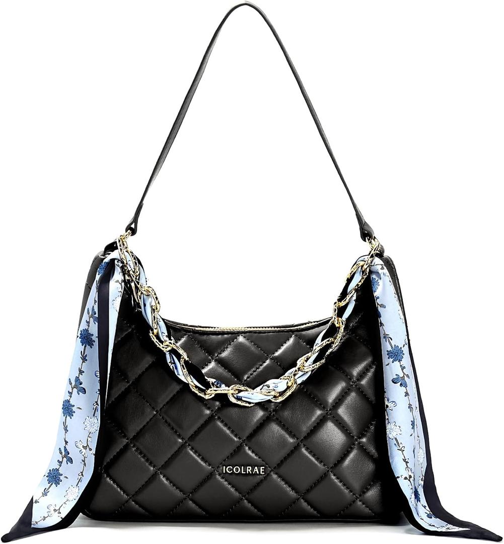 Quilted Shoulder Bag for Women Faux Leather Cute Hobo Handbags with Zipper Mini Clutch Purse Trendy Y2K (Black)