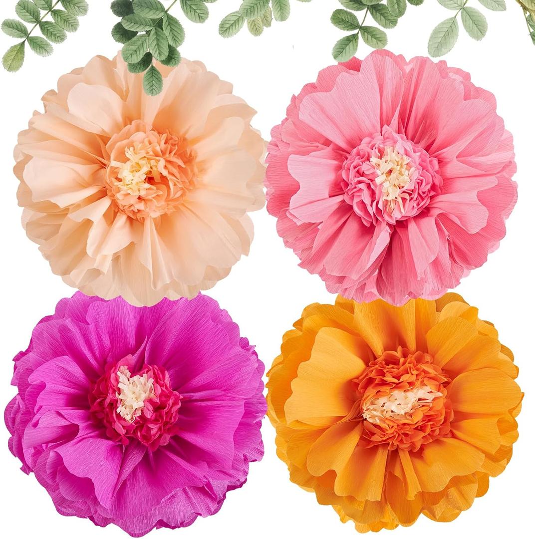 SUNBEAUTY Large Paper Flowers Decorations 4PCS 20'' Pink Orange Giant Paper Flowers Large Crepe Tissue Flower Decorations for Girls Women Birthday Baby Shower Spring Summer Wedding Wall Decor