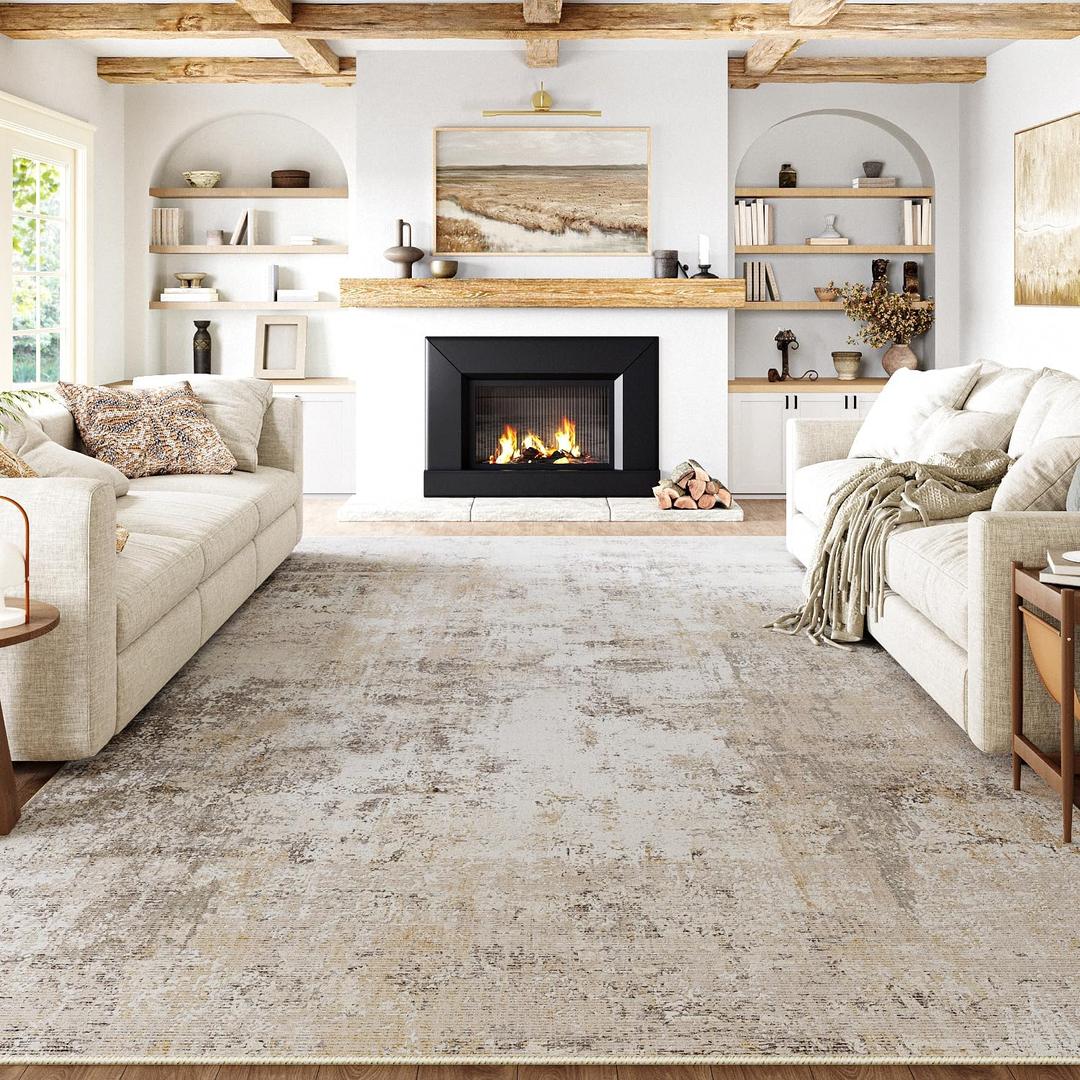 10x14 Washable Area Rug Beige Grey Neutral Abstract Living Room Bedroom Large Throw Rug Non Slip Soft Low Pile Indoor Floor Carpet for Dining Room Kitchen Office Entryway (10' x 14' (Rectangular))