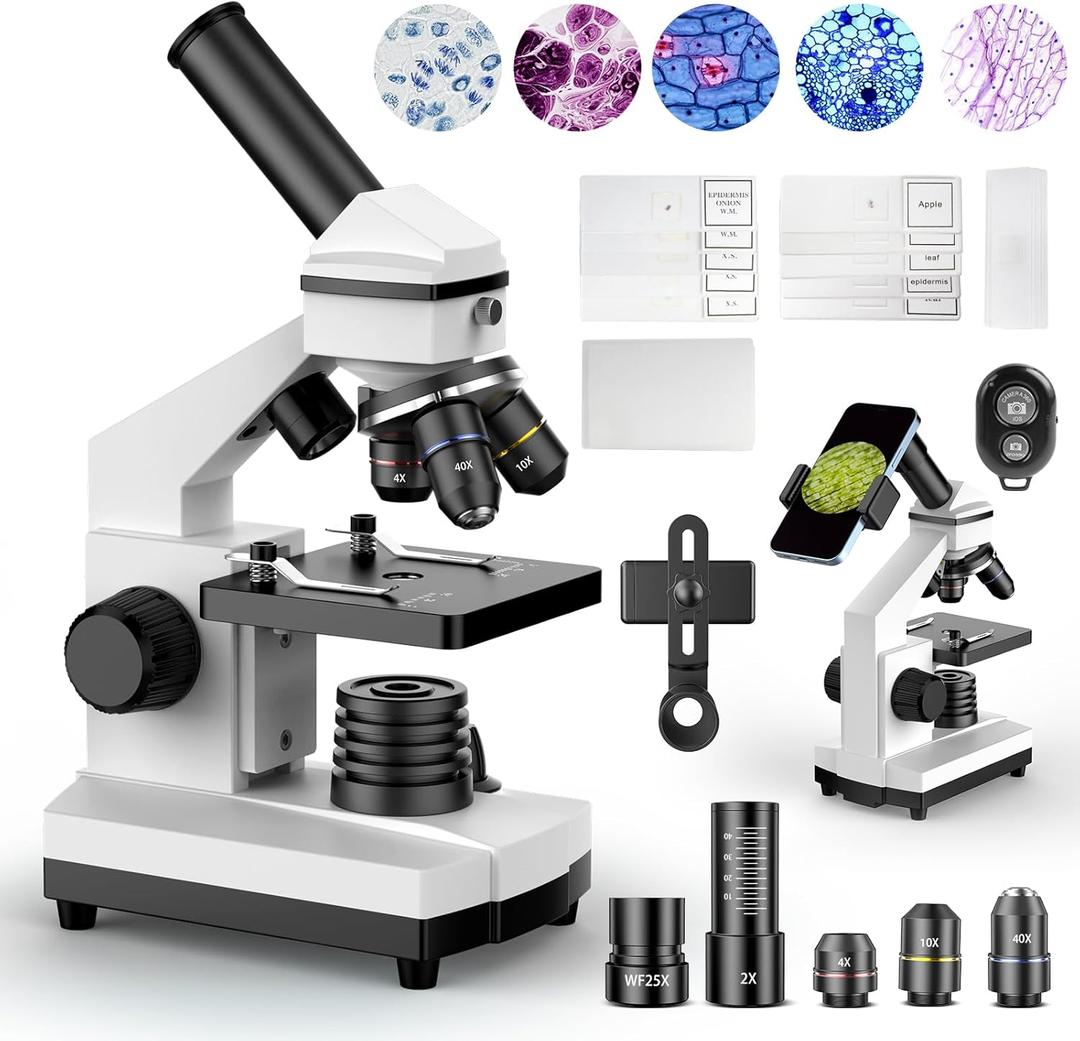 PalliPartners Compound Microscope for Adults & Students - 100X-2000X High-Power Biological Microscope for Students, School Lab & Home Education, with Slides Set & Phone Adapter (White) (standard)