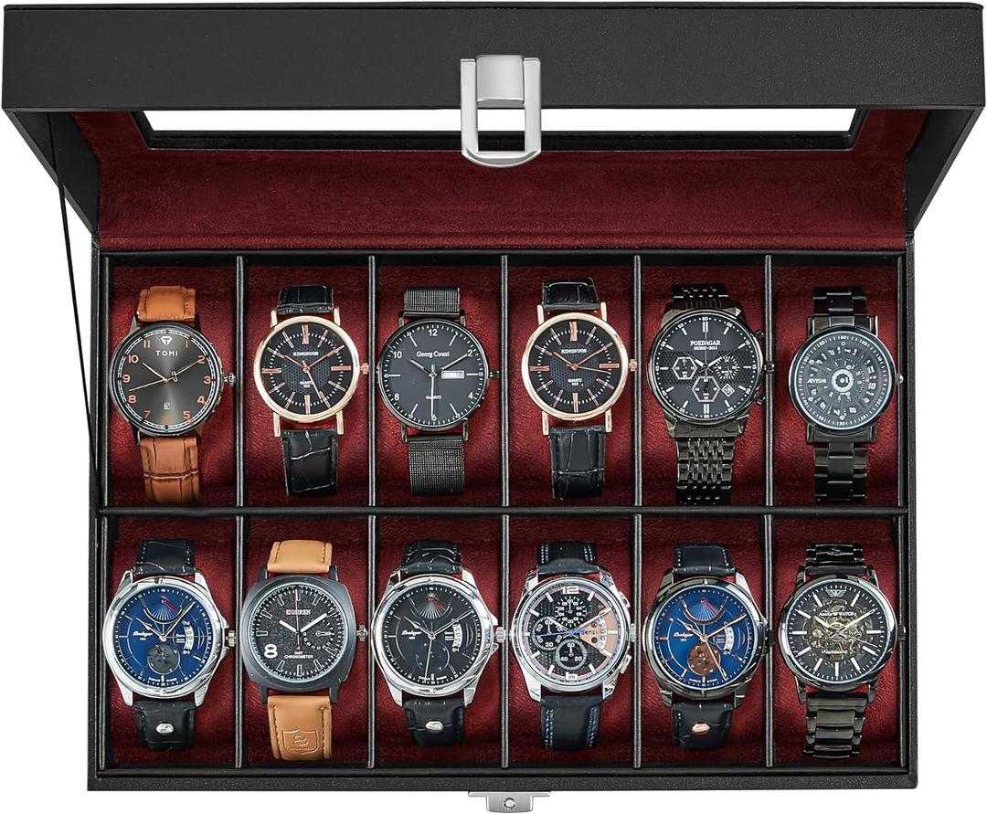SONGMICS Watch Box, 12-Slot Watch Case with Large Glass Lid, Removable Watch Pillows, Watch Box Organizer, Gift for Loved Ones, Black Synthetic Leather, Wine Red Lining UJWB120R01