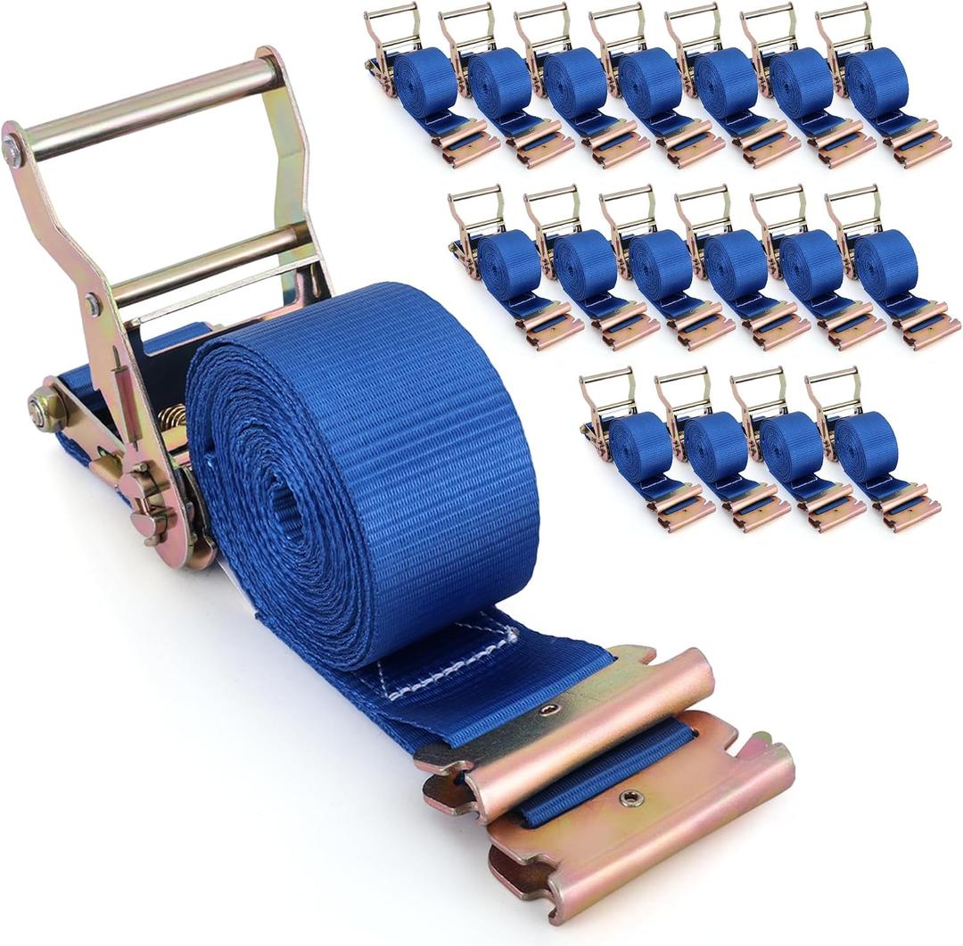 E-Track Ratchet Straps (18-Pack) - 2" x 15.3 FT Professional Fleet Management Tie Downs with E-Track Fittings, 4500 lbs Break Strength for Organized Logistics, Cargo Vans & Enclosed Trailers-Blue, 18 Pcs