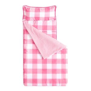 Wake In Cloud - Toddler Nap Mat with Pillow and Minky Fleece Blanket, for Kids Boys Girls in Daycare Preschool Kindergarten, Roll Up Sleeping Bag, Buffalo Check Plaid, Hot Pink White, Standard