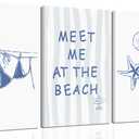 3pcs Blue Trendy Coastal Beach Canvas Wall Art Bikini Seashell MEET ME AT THE BEACH Wall Decor Pictures Coastal Granddaughter Preppy Aesthetic Poster Print for Bedroom Dorm Apartment Home Decoration