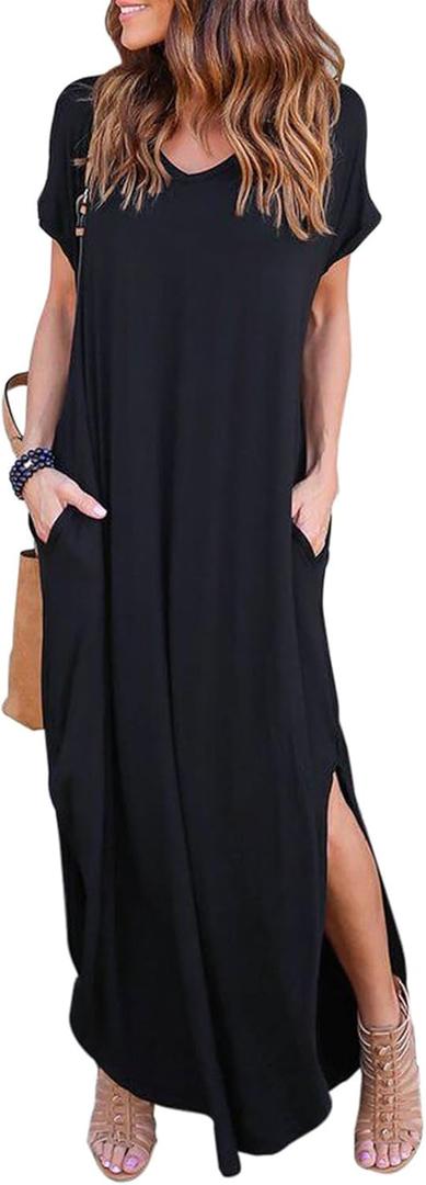 HUSKARY Women's Summer Maxi Dress Casual Loose Pockets Long Dress Short Sleeve Split Maxi Dresses (Medium, Black)