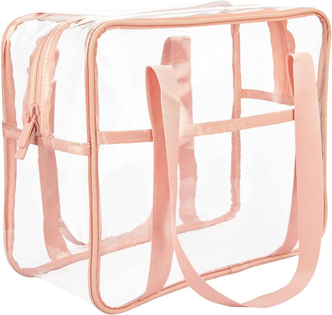 HAOGUAGUA Extra Large Clear Cosmetic Makeup Bag, Transparent PVC Tote Shoulder Bag Stadium Approved, Waterproof Clear Toiletry Carry Pouch Makeup Artist Bag Diaper Bag (Pink)