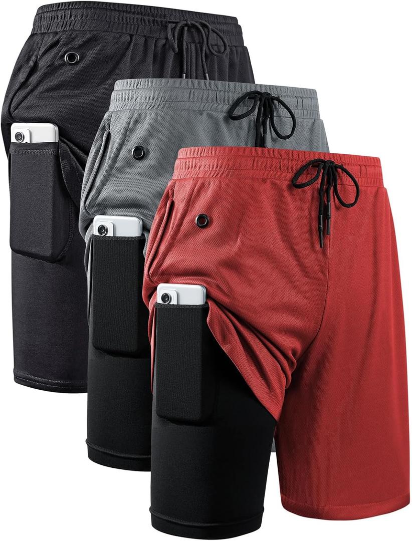 JWJ Mens 2 in 1 Running Shorts Quick Dry Gym Athletic Workout Clothes with Side Pockets,Large