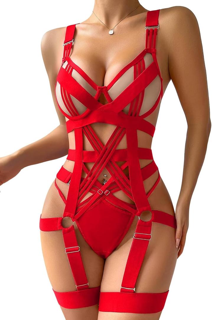 Lilosy Sexy Strappy Crisscross Cutout Underwire Garter Belt Lingerie Set Rave Outfits (Large, Red)