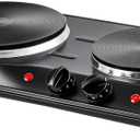 OVENTE Electric Countertop Double Burner, 1700W Cooktop with 7.25" and 6.10" Cast Iron Hot Plates, Temperature Control, Portable Cooking Stove and Easy to Clean Stainless Steel Base, Black BGS102B