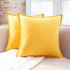 CARRIE HOME Mustard Yellow Velvet Throw Pillow Covers 18 x 18 Yellow Couch Throw Pillows 18x18 Set of 2 Super Soft Yellow Accent Decorative Pillows for Bedroom and Living Room (No Inserts)