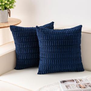Aegero Pack of 2 Corduroy Decorative Throw Pillow Covers 20x20 InchSoft Boho Striped Pillow Covers Modern Farmhouse Home Decor for Sofa Living Room Couch BedBlue