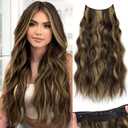 KooKaStyle Invisible Wire Hair Extensions with Transparent Headband Adjustable Size 4 Secure Clips Long Wavy Highlight Synthetic Hairpieces 20 Inch Balayage Chocolate Brown to Caramel Blonde for Women