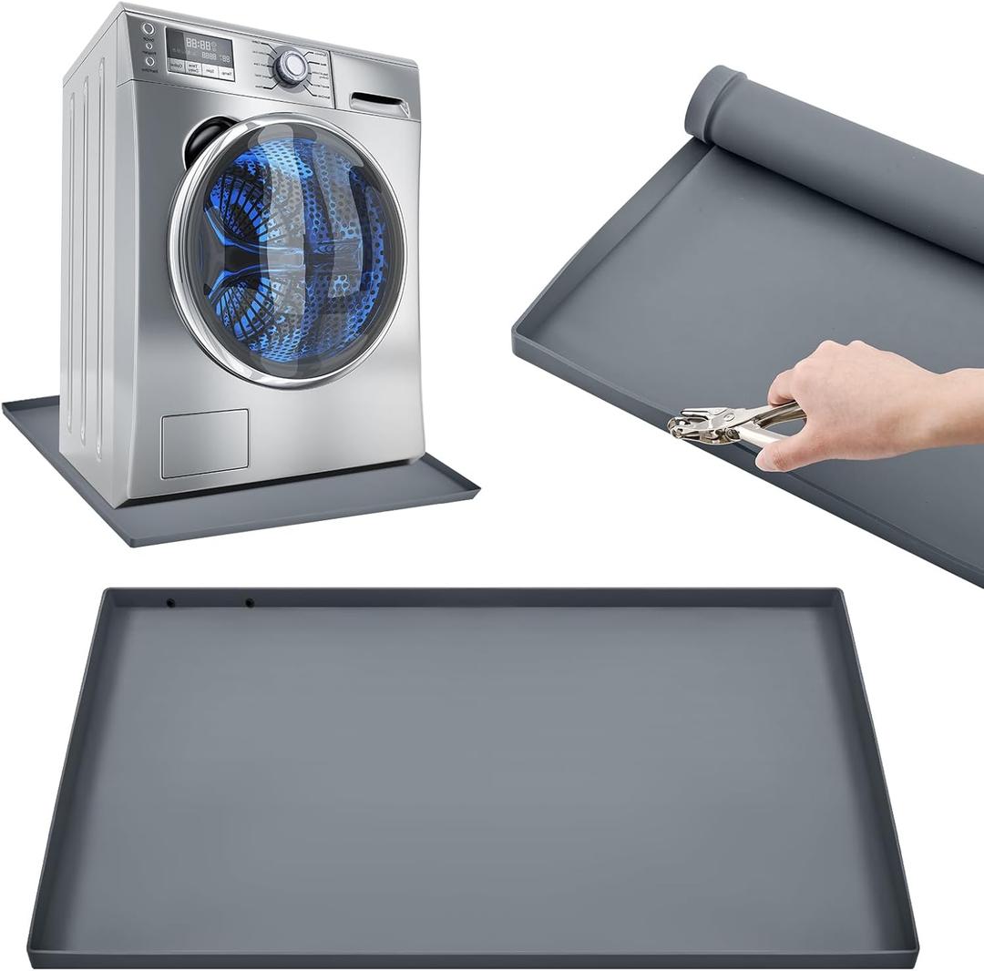27" x 27" Washing Machine Drain Pan Silicone Mat with Punch Tool & Plugs, Raised Edge Non-Slip Waterproof Washer Drip Tray, Anti-Vibration Floor Leak Protector for Washer Dryer Laundry Room