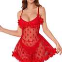 ABAFIP Womens Red Mesh Babydoll Teddy Lingerie Strappy Chemise Sexy Sleepwear Mini Nightdress Nightgown (Red)