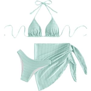 SHENHE Women's 3 Piece Textured High Cut Halter Triangle Bikini Swimsuit with Cover Up (Mint Green, S)