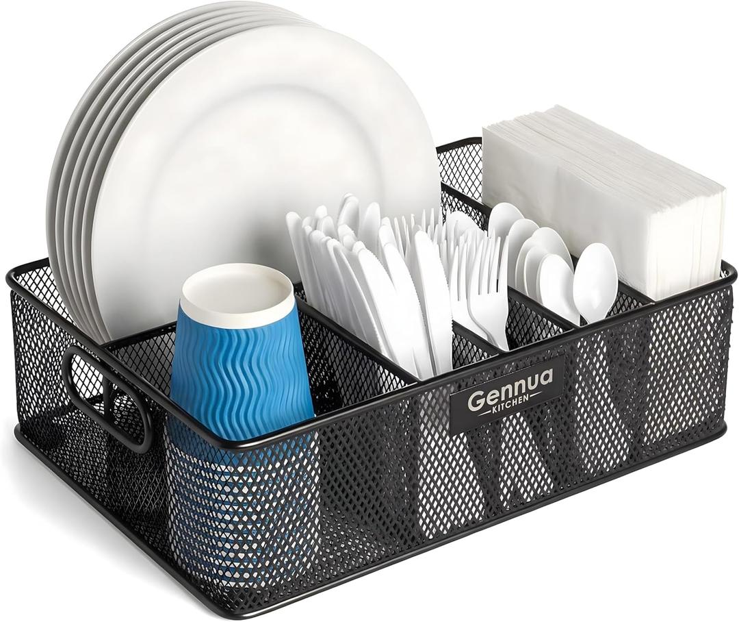 Paper Plate Organizer for Cabinet, Counter, Picnics, Parties & More, Extra Large Utensil Caddy Crafted of Thick Iron Mesh With 6 Compartments for Paper Plates & Plastic Silverware