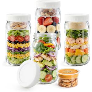 Aabberson 4Pack Glass Salad Jars with lids meal prep- 32oz Leakproof container for lunch | Comes with 2 Built-In Compartments for Wet/Dry Separation | salad dressing and dry ingredients storage. (White)
