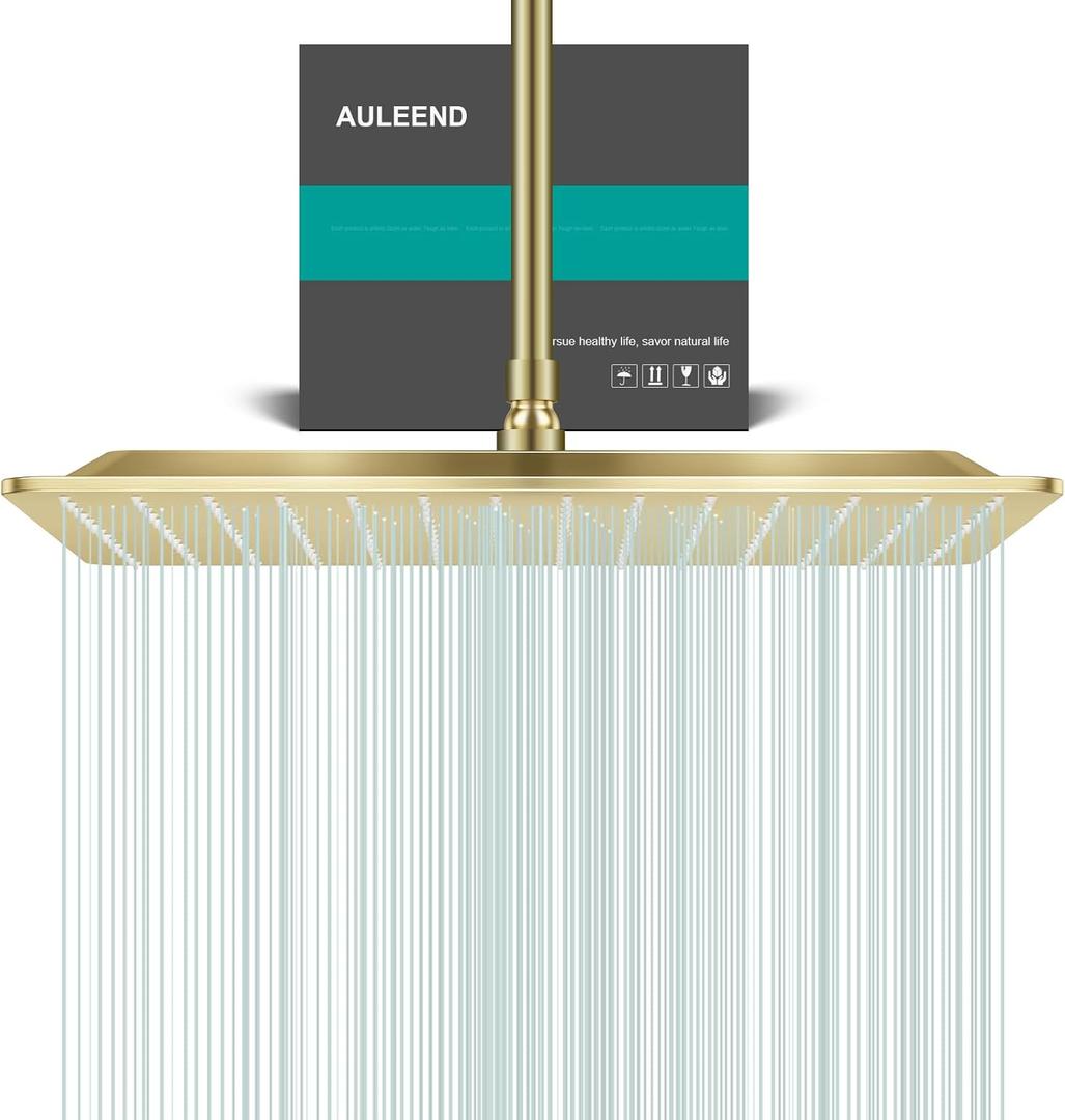 Square Rain Shower Head, High Flow Stainless Steel,Work with any decorative styleAll Metal Rainfall Shower Head (Brushed Gold, 16)
