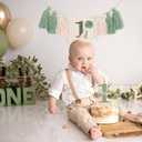 Green 1st Birthday Decoration Set - Wild One Tassel High Chair Banner,Green Forest Theme Cake Topper,Jungle Safari First Birthday Hat,Nature Party Decoration Photo Props