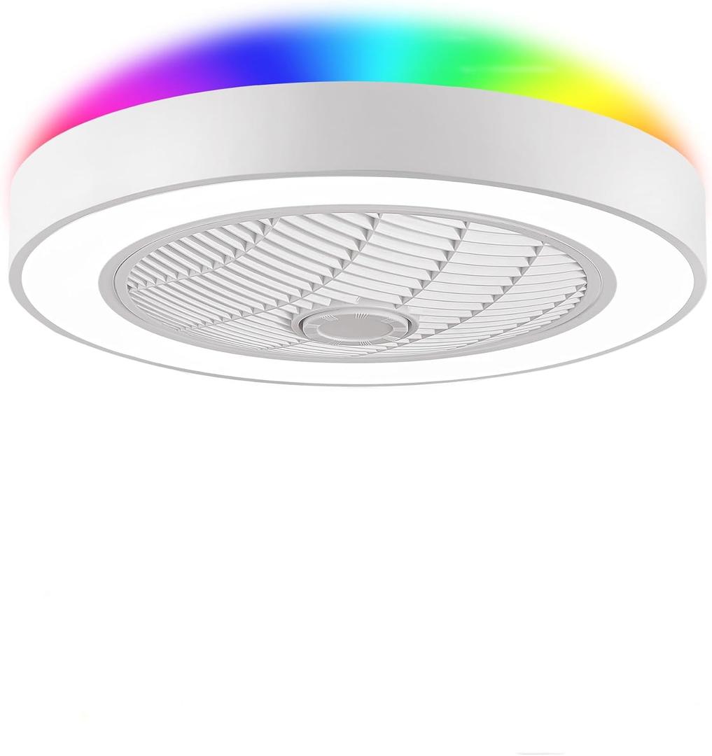 LEDIARY 22 Inch Low Profile Ceiling Fans with Lights, Led Bladeless Ceiling Fan, Remote Control Enclosed Flush Mount Ceiling Fan with Timming, 3000-6000K, 6 Wind Speed-White RGB