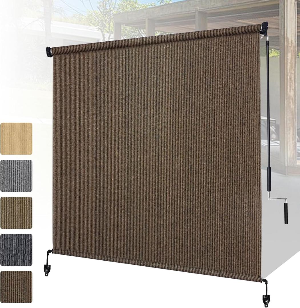 Shade&Beyond Outdoor Roller Shades with Splicing Design, 5' W x 8' H Cordless Patio Roll Up Blinds, Exterior Shade Cloth Roll for Porch, Gazebo, Pergola, Balcony, Mocha