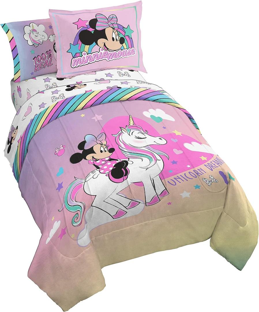 Jay Franco Disney Minnie Mouse Unicorn Dreams 7 Piece Full Bed Set - Includes Reversible Comforter & Sheet Set Bedding - Super Soft Fade Resistant Microfiber - (Official Disney Product)