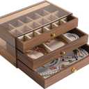 3 Layer Wooden Drawers Jewelry Box Vintage Style Jewelry Organizer with Acrylic Cover, Jewelry Storage Display Box for Ring Earrings Necklace Bracelet Box for Women and Girls(Walnut Color) (A)