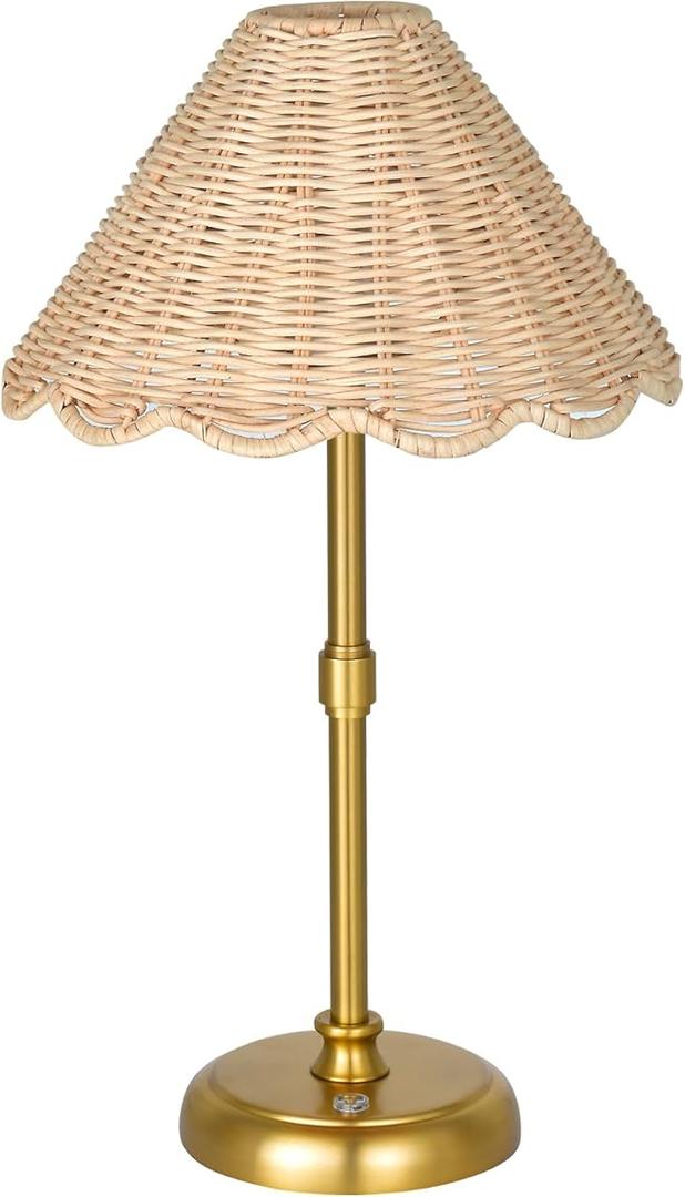 Cordless Boho Rattan Table lamp, 5200-mAh Rechargeable Battery, 3-level Brightness Dimmable, Build-in Integrated LED 320 Lumen Max, Rattan Shade, for Bedside Restaurant Resort Hotel Dining Table