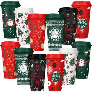Pickmesh 12 Pack Christmas Coffee Cups Gifts Bulk 16 oz Reusable Coffee Cup Tumblers with Lid Plastic Cups Travel Mug Thank You Gifts for Women Coworkers Holiday Drinks (Retro Style)