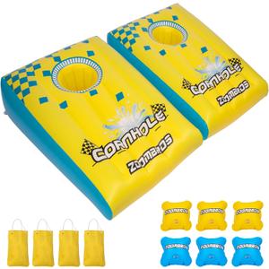 2in1 Cornhole, 6 Bean Bags & Ring Toss with Anchor Bags, Inflatable Cornhole Pool Game Floating, Pool Toys for Adults Teens and Family (yellow)