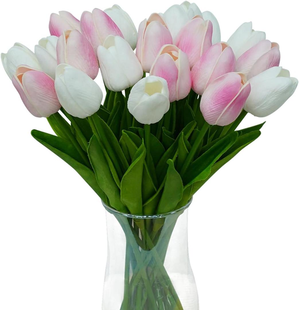 20pcs White and Pink PU Faux Tulips Flowers 13 Inch Fake Flowers Mother's Day Easter ValentineS Day Gifts in Home Kitchen Wedding Dining Table Decoration