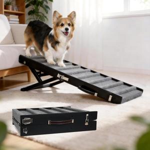 Dog Ramp for Small & Medium Dogs Foldable Pet Ramp for Bed (Black) | 5 Adjustable Heights 13.98"-27.56'', No Assembly, Non-Slip Carpet, Portable Handle, Natural Wood Frame, Senior Dog Friendly