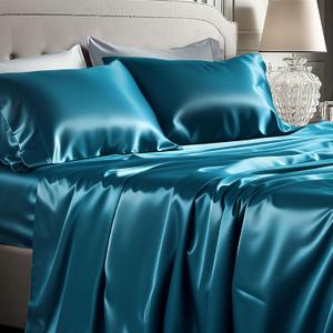 Bedsure Teal Satin Sheets Queen Size, Soft Silky Bedsheets for Hair & Skin Similar to Silk Bed Sheets Set 4 Piece with 15 Inches Deep Pocket Fitted Sheet,1 Flat Sheet, 2 Satin Pillowcases, Teal
