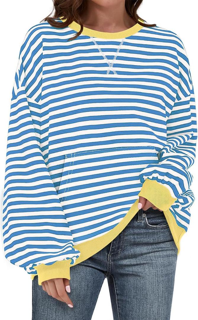 UEU Womens Striped Sweatshirt Crewneck Oversized Pullover Long Sleeve Top | Soft Cotton Blend Fabric, Front Kangaroo Pocket, Ribbed Cuffs Hem, Casual Loose Workout Clothes (M)