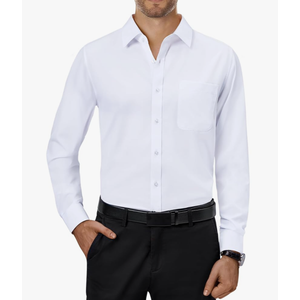 Alimens & Gentle Mens Dress Shirts 4-Way Stretch Long Sleeve Collared Casual Solid Wedding Dating Button Down Shirt, White, Large