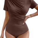 Milumia Women's Casual Ruched Mock Neck T Shirt Short Sleeve Tee Bodysuit Jumpsuit