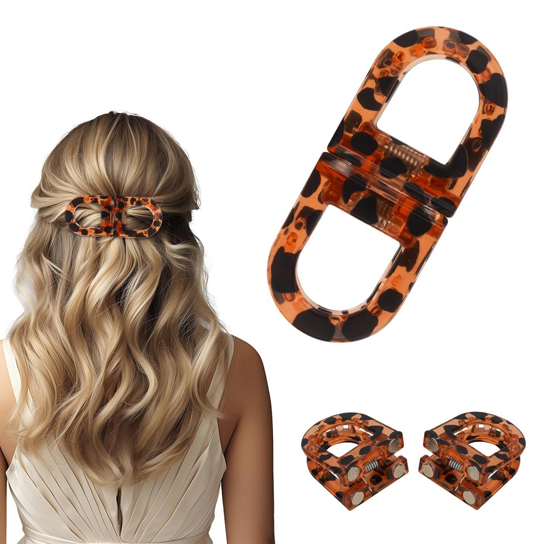 2 x Magnetic Hair Clips, Strong Hold No-Slip Magnetic Hair Styling Clips, Clip No Crease Hair Types Strong Hold, Seamless 2-in-1 Design for Easy Everyday Hairstyles (A-Leopard print-01)