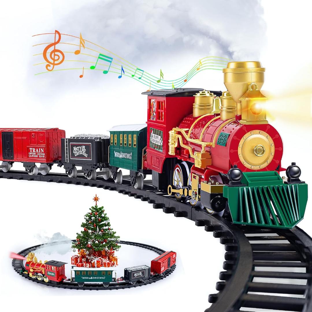OCHIDO Christmas Train Set, Electric Train Set with Smokes, Lights and Sound, Toy Train Set for Under Christmas Tree, Christmas Tree Train Gifts for 3 4 5 6 7 8+ Year Old Kids