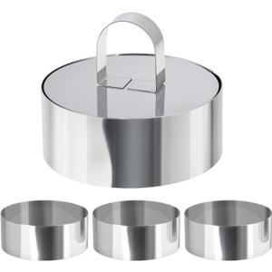 HULISEN Round Cake Ring Mold, Stainless Steel 4" Cooking Crumpet Rings with 1 Pusher & 4 Food Form, Tuna Tartare Mold for Pancake, Salad, Mousse