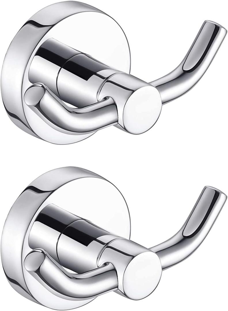 MARMOLUX ACC - 2pack Chrome Bathroom Hooks for Towels | Modern Double Towel Hook Design Ideal for use as Robe & Towel, for Shower Wall or Kitchen - Over Door - Adhesive