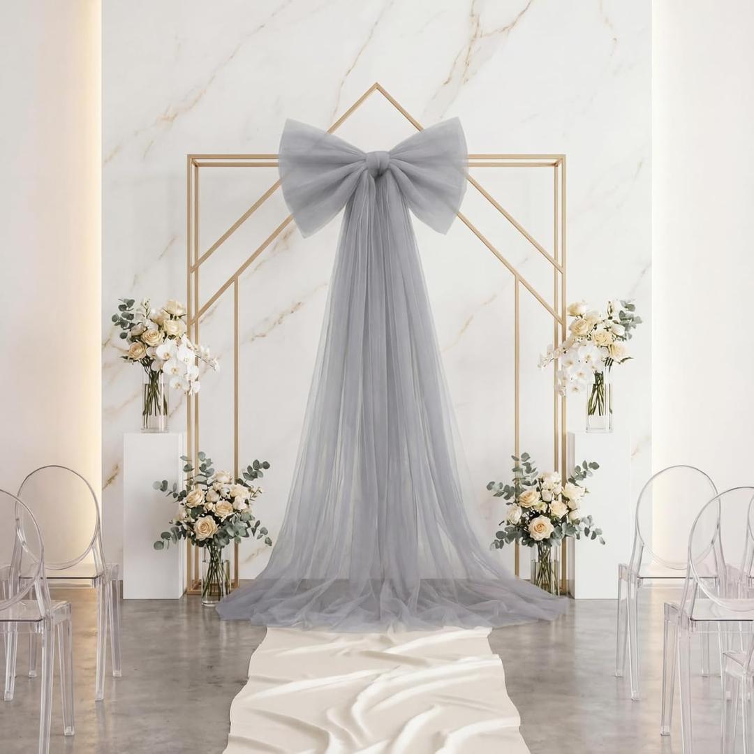Zeyune Giant Mesh Bow Wedding Decoration Extra Large Bow Coquette Room Decor Hanging Backdrop for Wedding Door Arch Birthday Baby Shower Bachelorette(Silver,55.12 x 25.59 Inch)